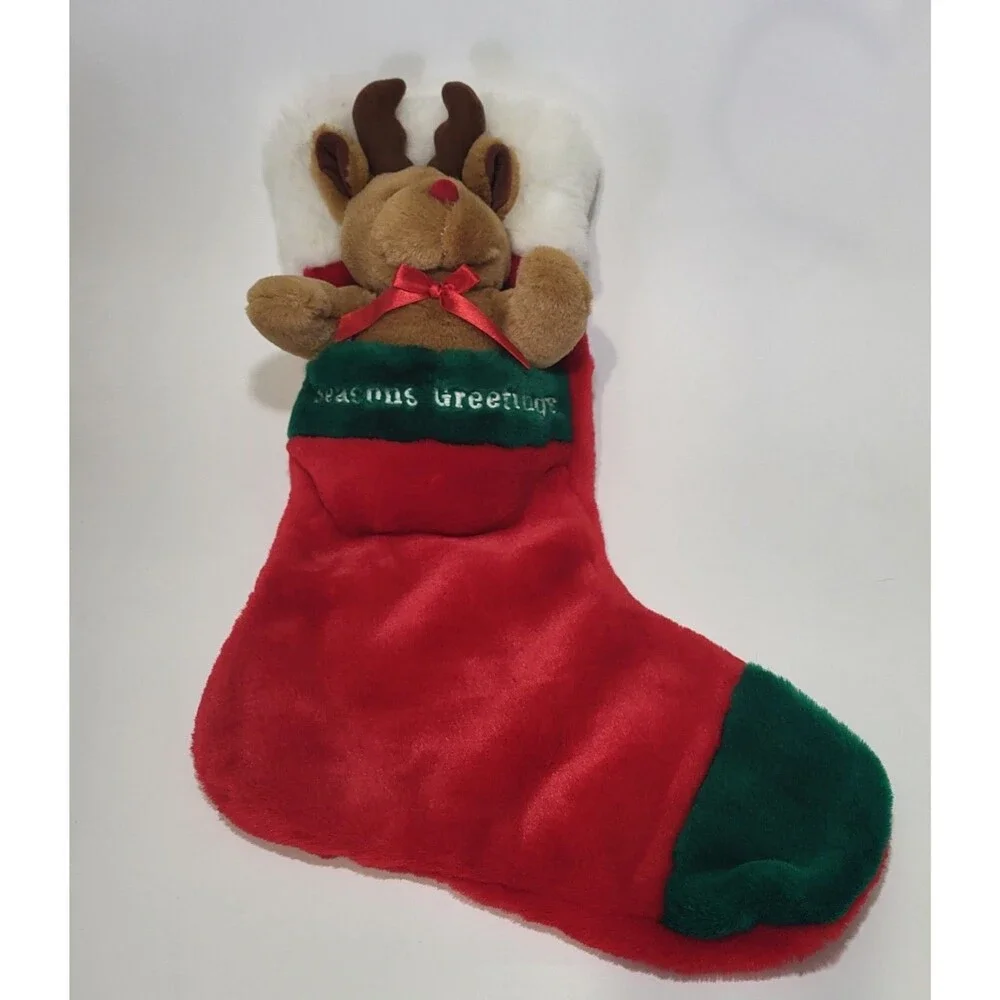 Christmas Stocking Reindeer Seasons Greetings Plush Vintage Red Green 17